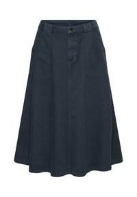 Donkerdenim A-lijn rok met een knoopsluiting, twee voorzakken en een nette stiknaad. Kenmerkt zich door een uitlopende silhoutte en een gladde textuur.