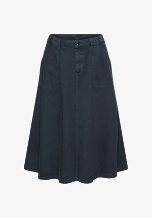 Dark denim A-line skirt with a button closure, two front pockets, and clean stitching. Features a flared silhouette and smooth texture.