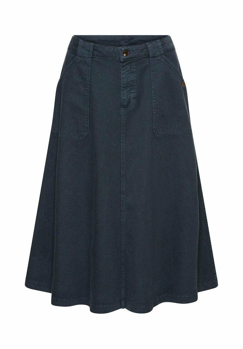 Donkerdenim A-lijn rok met een knoopsluiting, twee voorzakken en een nette stiknaad. Kenmerkt zich door een uitlopende silhoutte en een gladde textuur.