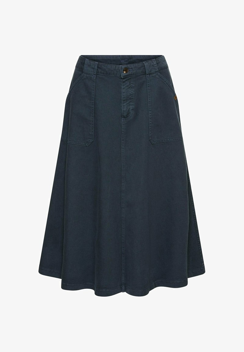 Donkerdenim A-lijn rok met een knoopsluiting, twee voorzakken en een nette stiknaad. Kenmerkt zich door een uitlopende silhoutte en een gladde textuur.
