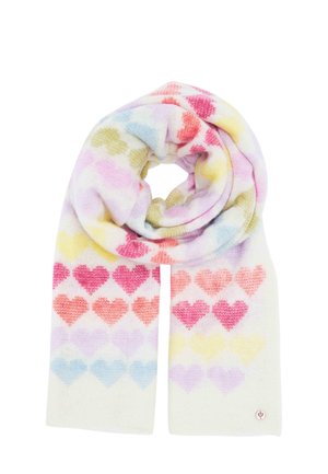 White knitted scarf with rows of colorful hearts in red, orange, yellow, green, blue, and purple shades.