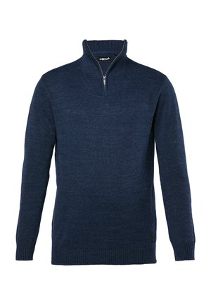 Laivastonsininen miesten neulepaita, jossa resorit hihansuissa ja helmassa, lyhyt vetoketju ja pystykaulus.