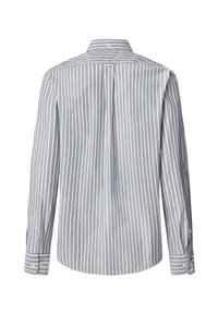 Camisa de cuadros en azul claro y blanco de algodón, con canesú en la parte posterior, mangas largas y puños abotonados, con una textura suave.