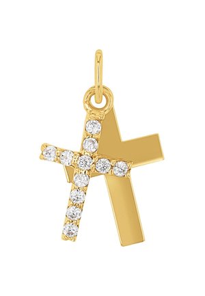 Złoty wisiorek w kształcie krzyża z wypolerowanym wykończeniem, z rzędem ośmiu okrągłych, przezroczystych kamieni na jednym ramieniu oraz prostym płaskim ramieniu.