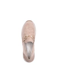 Light beige slip-on shoe with suede and mesh materials, featuring a gold-tone chain accent on the front. Rounded toe and textured sole.