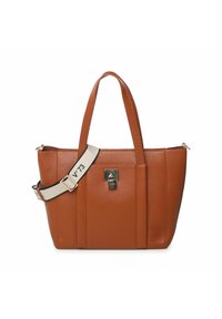 Borsa a tracolla in pelle marrone con due manici superiori e una tracolla staccabile. Presenta un accento con lucchetto dorato e dettagli di cuciture verticali.