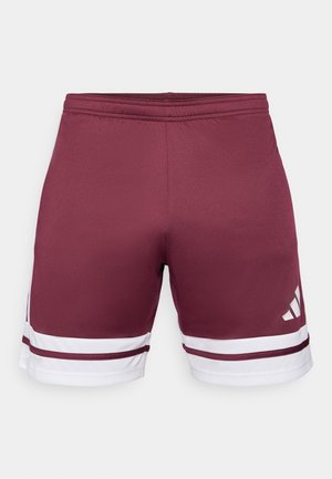Bordeauxfarbene Sportshorts mit weißen Streifen. Glatte Textur, elastischer Bund, mit einem Logodetail an der unteren Seite.