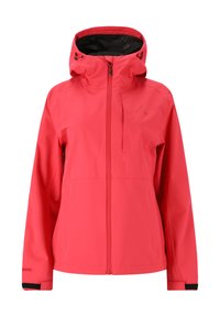 Red waterproof jacket with a hood, front zipper, and adjustable cuffs. Features minimalistic design and logo on the chest. Smooth texture.