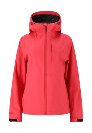 Rote wasserdichte Jacke mit Kapuze, Frontreißverschluss und verstellbaren Bündchen. Minimalistisches Design mit Logo auf der Brust. Glatte Textur.