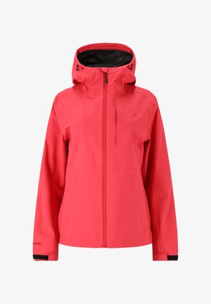 Rote wasserdichte Jacke mit Kapuze, Frontreißverschluss und verstellbaren Bündchen. Minimalistisches Design mit Logo auf der Brust. Glatte Textur.