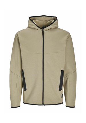 Beige mikina s kapucí na zip a černými detaily, obsahující dvě boční kapsy na zip, vyrobená z měkkého materiálu s hladkým povrchem.