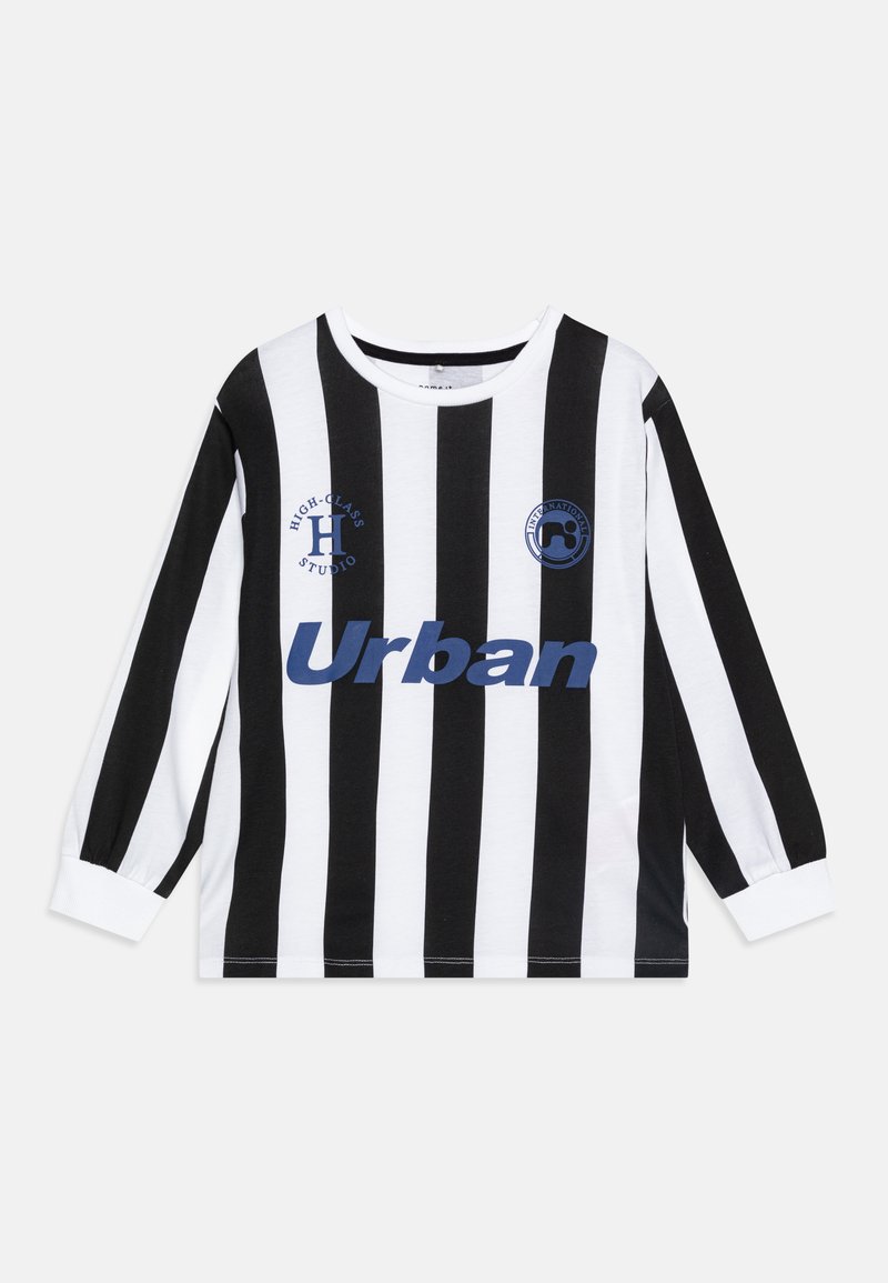 Black and white striped long-sleeve shirt with blue "Urban" text, featuring logos on the left chest. Soft cotton material, round neckline.