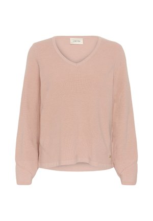 Light pink knitted sweater with V-neck, long sleeves, and a small metal brand tag near the hem on a white background.