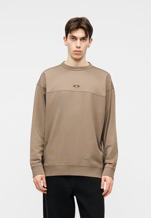 Bărbat tânăr cu păr scurt și castaniu, purtând un sweatshirt taupe cu mâneci lungi și pantaloni negri, stând în picioare pe un fundal deschis și simplu.