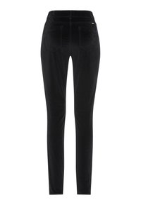 Pantalons en velours noir au design ajusté, avec une taille mi-haute, des poches arrières et une texture lisse dans l'ensemble.