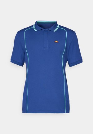 Navyblaues Poloshirt mit kontrastierendem hellblauem Piping, kurzen Ärmeln und einem gerippten Kragen; zeigt ein kleines Markenlogo auf der Brust.