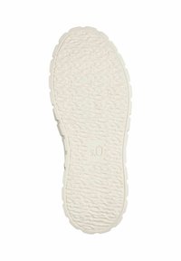 Semelle de chaussure blanche en caoutchouc avec une surface texturée, présentant un motif en vagues surélevé et un logo carré en relief avec "s.O.".