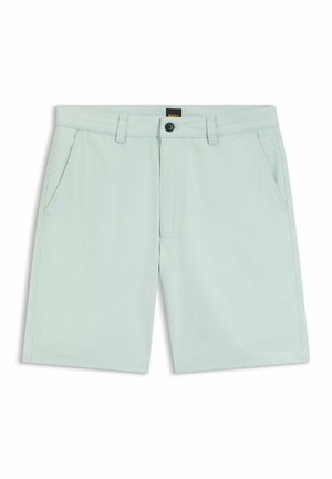Shorts pour hommes vert clair avec passants de ceinture, bouton avant, fermeture éclair et poches latérales, présentés à plat sur fond blanc.