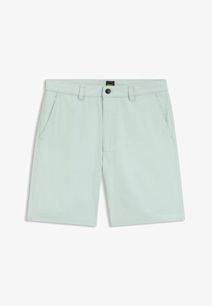 Shorts pour hommes vert clair avec passants de ceinture, bouton avant, fermeture éclair et poches latérales, présentés à plat sur fond blanc.