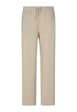 Pantalon beige à jambes droites avec texture, taille élastique, sans poches ni ornements visibles, présenté sur un fond blanc.