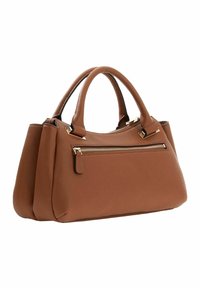 Sac à main en cuir marron avec deux poignées, une poche zippée à l'avant et des accents de ferrures dorées. Texture lisse et forme structurée.