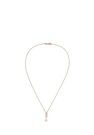 Collier en or avec une chaîne délicate et un pendentif composé de deux pierres précieuses transparentes : une forme carrée et une forme poire, disposées verticalement.
