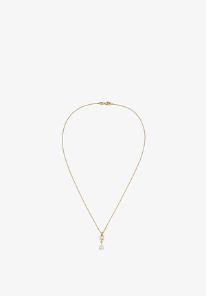 Goldene Halskette mit einer zarten Kette und einem Anhänger aus zwei klaren Edelsteinen: einem quadratischen und einem birnenförmigen, die vertikal angeordnet sind.