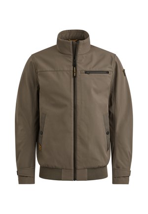 Brown zip-up jacket with high collar, chest zipper pocket, side snap-button pockets, and ribbed waistband and cuffs.