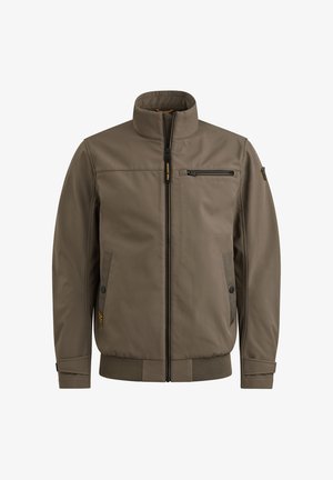 Braune Jacke mit Reißverschluss, hohem Kragen, Brustreißverschlusstasche, seitlichen Druckknopftaschen und geripptem Bund sowie Bündchen.