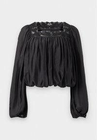 Blouse noire à manches longues, manches bouffantes et encolure carrée avec des détails en dentelle florale.