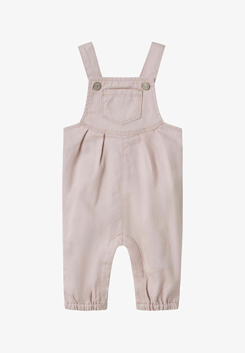 Ružové denimové overalové nohavice s nastaviteľnými ramienkami, prednou vreckom, plisovaným dizajnom a elastickými manžetami na členkoch. Hladká textúra, voľný štýl.