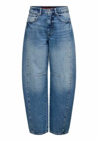 Jeans in denim blu chiaro con un design ampio e svasato. Presentano cinque tasche e una leggera scoloritura per dare texture. Chiusura con bottone in vita.