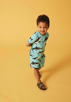 Helles blaues Kurzarmhemd und Shorts mit schwarz-weißen Walmustern; Kind trägt graue Sandalen und lächelt vor einem gelben Hintergrund.