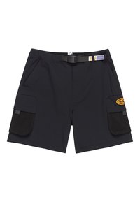 Navy cargoshorts gemaakt van duurzaam materiaal, voorzien van twee grote zijzakken met zwarte accenten en een riem voor een verstelbare pasvorm.