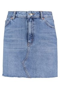 Džínová mini sukně v světle modré barvě, s roztrhaným lemem, předním zapínáním na knoflík a šikmými bočními kapsami. Klasický design s pěti kapsami.