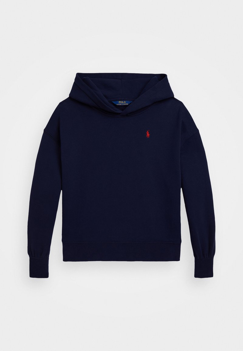 Sweat à capuche bleu marine en coton, avec une poche kangourou à l'avant, des poignets et un ourlet côtelés. Comprend un petit logo rouge sur la poitrine.