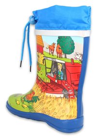 Rubberlaars met blauwe bovenkant en trekkoord, versierd met kleurrijke illustraties van boerderijscènes, waaronder dieren en machines, op een groene ondergrond.
