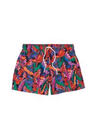 Bañadores coloridos con un vibrante patrón floral en rojo, rosa, verde y púrpura. Cintura elástica con cordón ajustable.