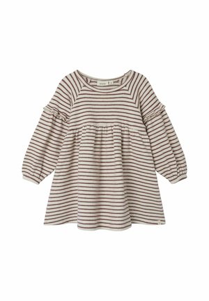 Striped long-sleeve dress in cream and burgundy, featuring a gathered waist, ruffled sleeves, and a round neckline. Soft fabric texture.