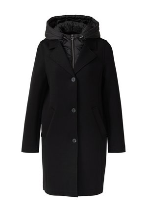 Schwarzer Mantel mit abnehmbarem, gepolstertem Kapuzenkragen, Knopfverschluss, zwei seitlichen Taschen und einem taillierten Design aus einem glatten, leichten Stoff.