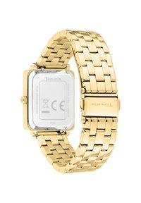 Quadratische, goldfarbene Uhr mit einem Gehäuse aus Edelstahl und einem Gliederarmband. Ausgestattet mit einer glatten Oberfläche und einem minimalistischen Design. Wasserfest.