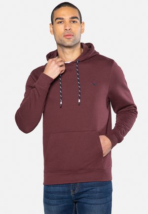 Maroon hoodie with a kangaroo pocket, drawstring hood featuring striped accents, and a small logo on the chest. Cotton blend material.