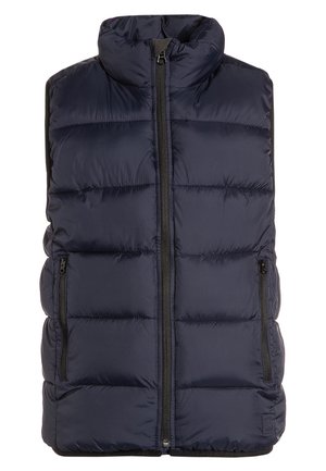 Mørkeblå polstret vest med høj krave, lynlås foran og to sidelommer. Glat tekstur, letvægtsdesign med vandret syning.