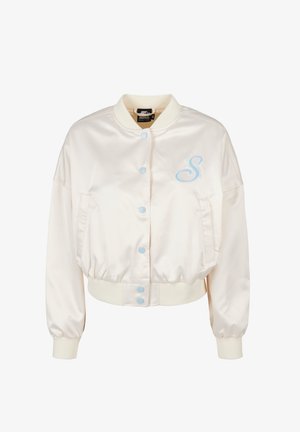 Crème satijnen bomberjack met een cropped fit, blauwe drukknoopsluiting en geborduurde "S" op de linkerkant van de borst. Elastische manchetten en zoom.