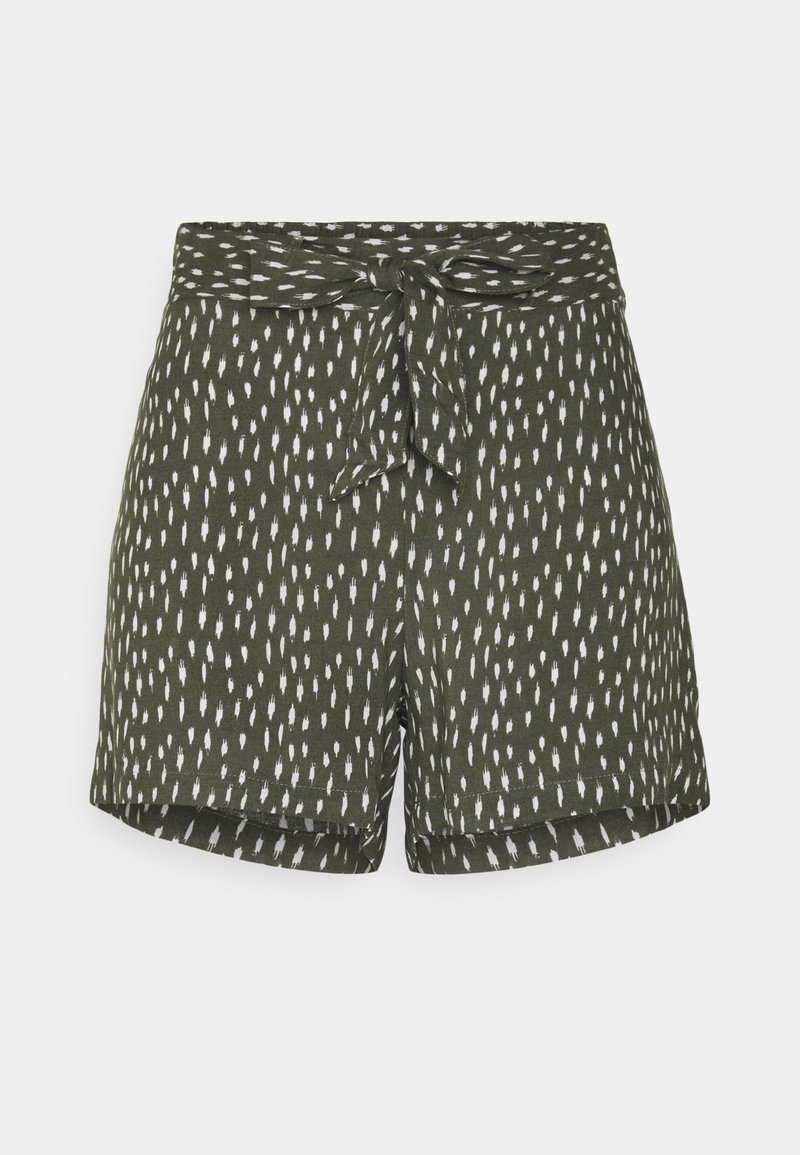 Shorts vert olive avec motif abstrait de tirets blancs, taille haute et ceinture en tissu nouée en nœud à l'avant.