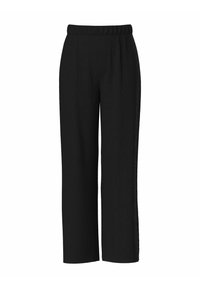 Pantalon large noir en tissu texturé, avec une taille élastique et une coupe décontractée. Pas de poches ni de détails supplémentaires visibles.