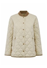 Kremowa pikowana kurtka w diamentowy wzór, z brązowymi wykończeniami, okrągłym dekoltem, zapięciem na zatrzaski z przodu oraz bocznymi kieszeniami.