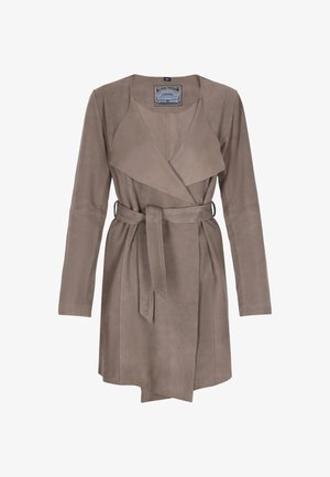 Tan leather trench coat with a draped collar, belted waist, long sleeves, and a smooth texture. Notable for its minimalist design.