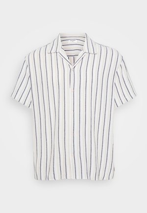 Rövid ujjú gombos ing, amely függőleges csíkokkal rendelkezik fehér, sötétkék és világos bézs színekben. Könnyű anyagból készült, széles gallérral.