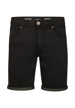 Czarne szorty jeansowe z podwiniętym brzegiem, ozdobione srebrnym guzikiem, przednimi kieszeniami i kontrastującymi przeszyciami. Materiał z mieszanki bawełny.